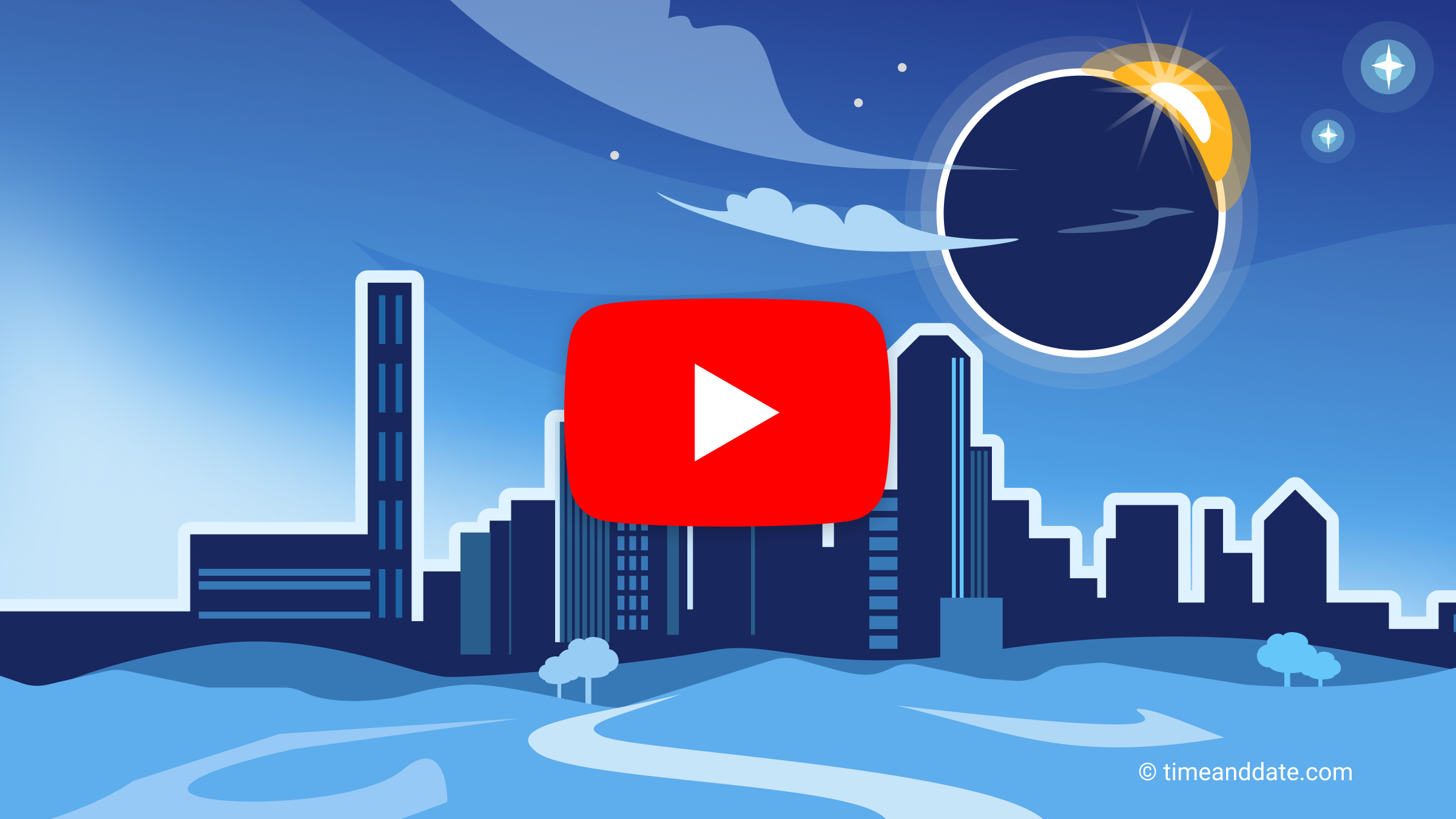 Illustration of a city skyline with skyscrapers and an eclipsed sun above it saying total solar eclipse April 8, 2024.
