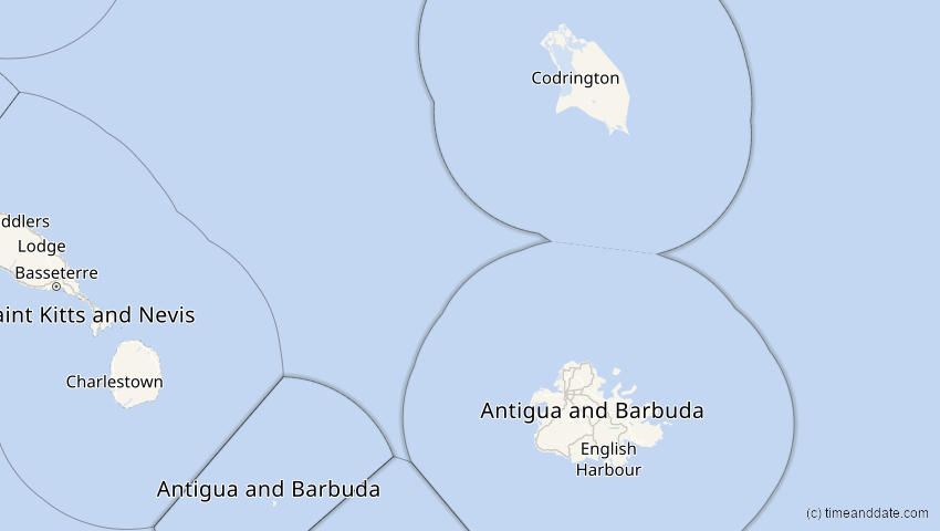 A map of Antigua and Barbuda, showing the path of the 8 Apr 2024 Total Solar Eclipse