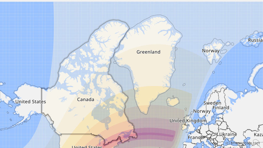 A map of Canada, showing the path of the 8 Apr 2024 Total Solar Eclipse