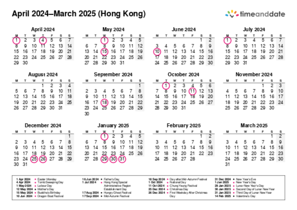 Calendar for 2024 in Hong Kong