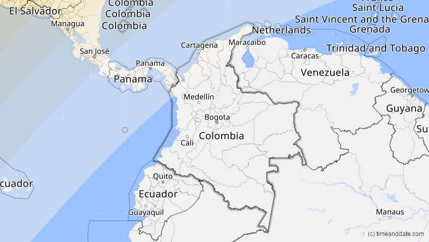 A map of Colombia, showing the path of the 8 Apr 2024 Total Solar Eclipse