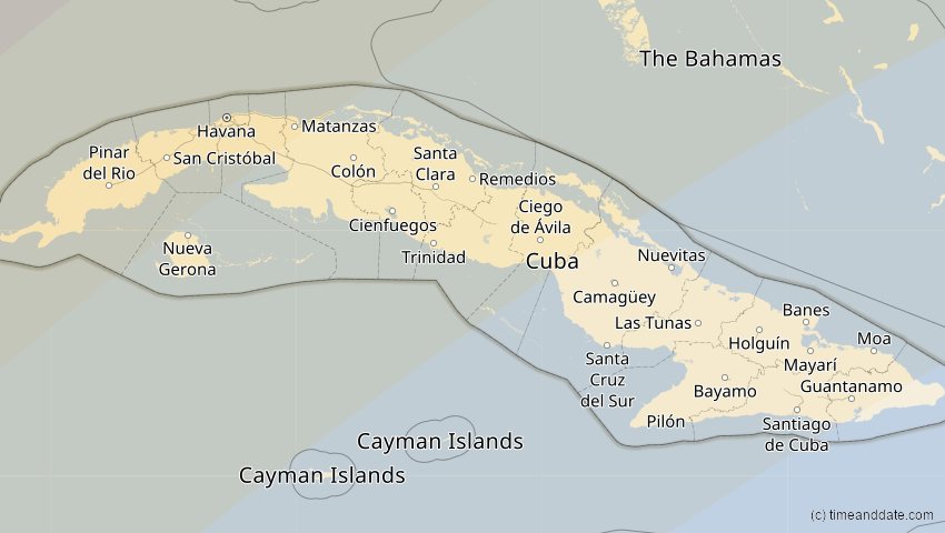 A map of Cuba, showing the path of the 8 Apr 2024 Total Solar Eclipse