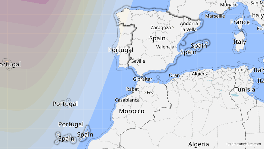 A map of Spain, showing the path of the 8 Apr 2024 Total Solar Eclipse