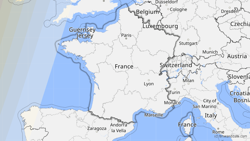 A map of France, showing the path of the 8 Apr 2024 Total Solar Eclipse