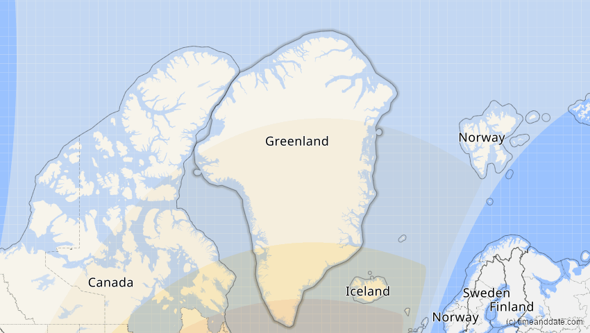 A map of Greenland, showing the path of the 8 Apr 2024 Total Solar Eclipse