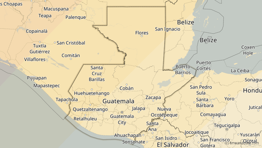 A map of Guatemala, showing the path of the 8 Apr 2024 Total Solar Eclipse