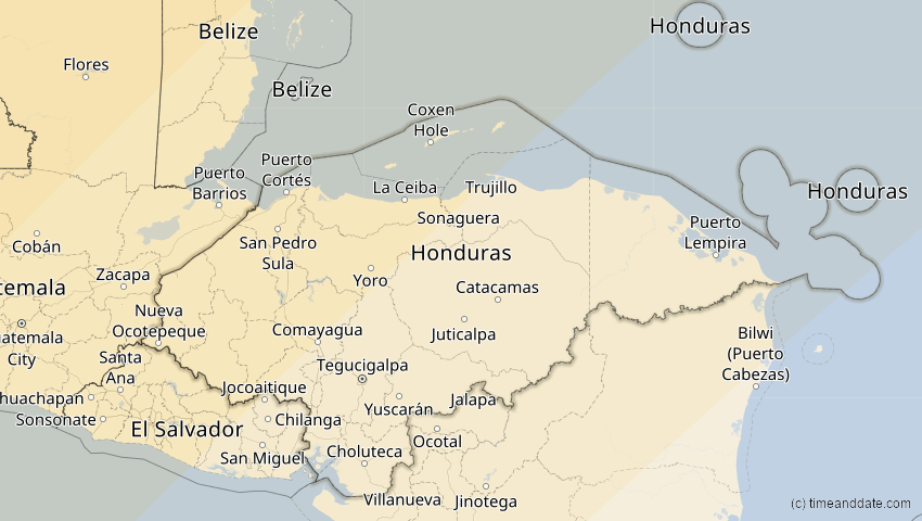 A map of Honduras, showing the path of the 8 Apr 2024 Total Solar Eclipse