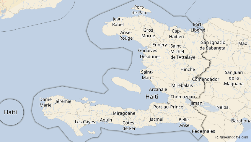 A map of Haiti, showing the path of the 8 Apr 2024 Total Solar Eclipse