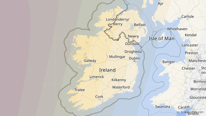 A map of Ireland, showing the path of the 8 Apr 2024 Total Solar Eclipse