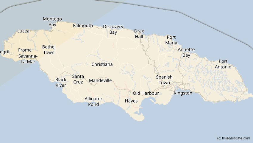 A map of Jamaica, showing the path of the 8 Apr 2024 Total Solar Eclipse