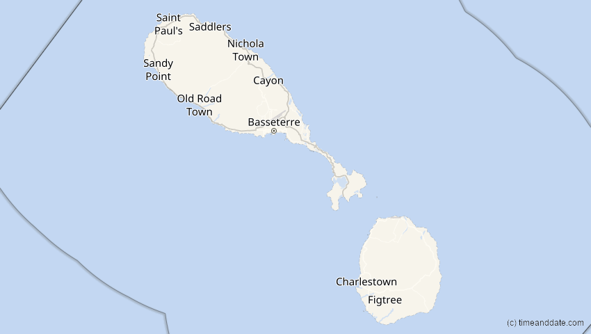 A map of Saint Kitts and Nevis, showing the path of the 8 Apr 2024 Total Solar Eclipse