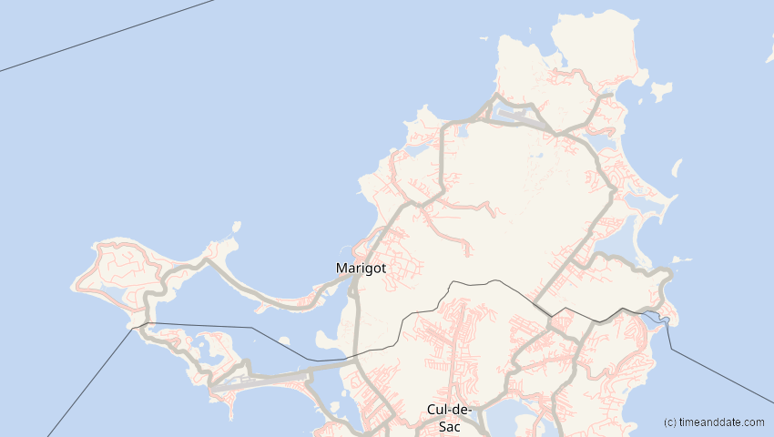 A map of Saint Martin, showing the path of the 8 Apr 2024 Total Solar Eclipse