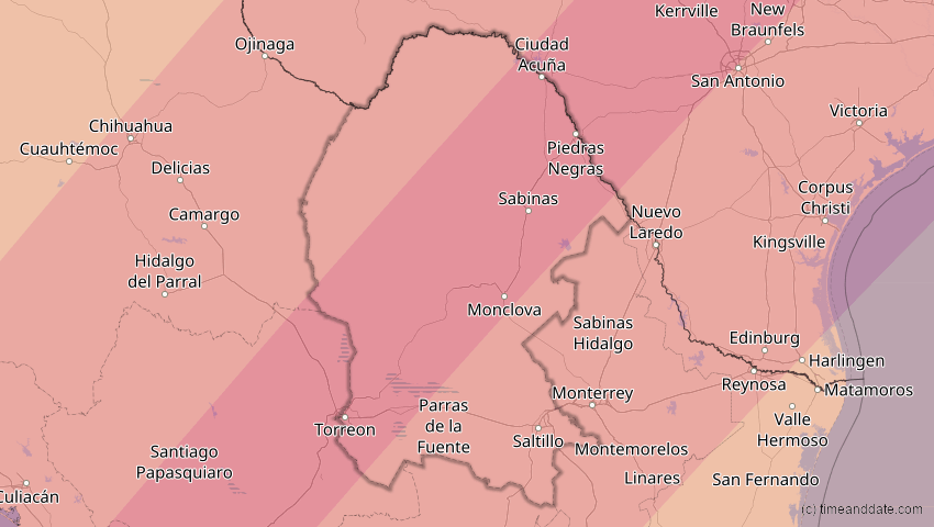 A map of Coahuila de Zaragoza, Mexico, showing the path of the 8 Apr 2024 Total Solar Eclipse