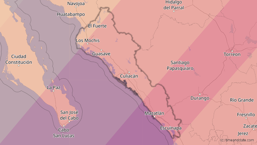 A map of Sinaloa, Mexico, showing the path of the 8 Apr 2024 Total Solar Eclipse