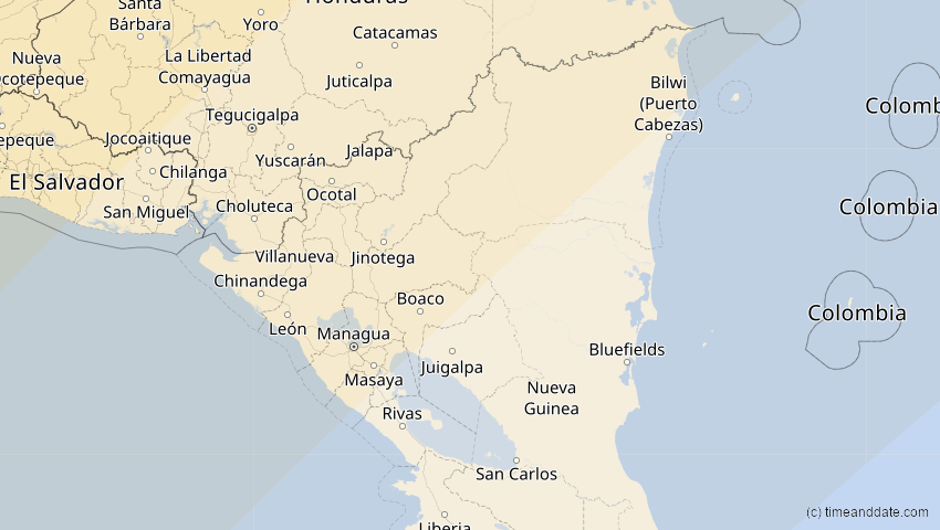 A map of Nicaragua, showing the path of the 8 Apr 2024 Total Solar Eclipse