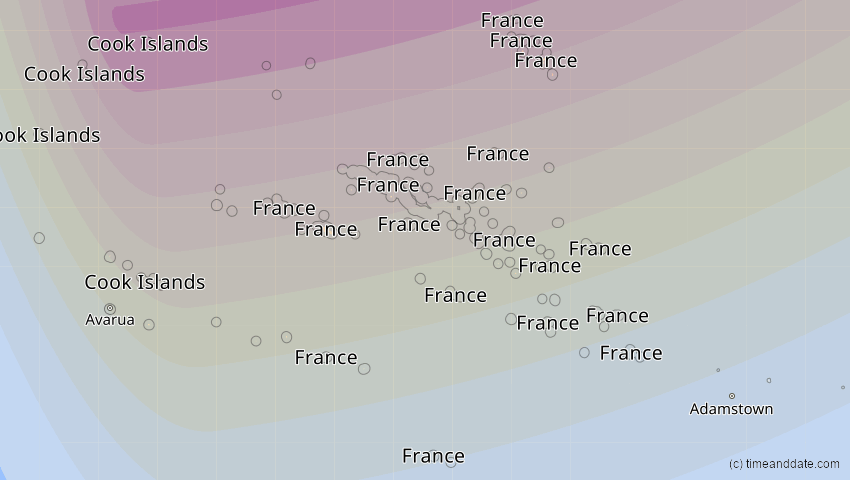 A map of French Polynesia, showing the path of the 8 Apr 2024 Total Solar Eclipse