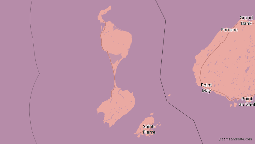 A map of Saint Pierre and Miquelon, showing the path of the 8 Apr 2024 Total Solar Eclipse