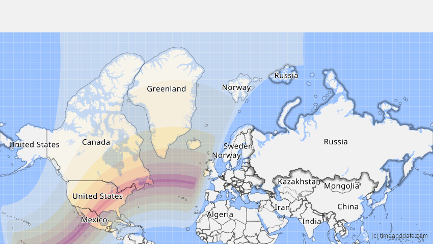 A map of Russia, showing the path of the 8 Apr 2024 Total Solar Eclipse
