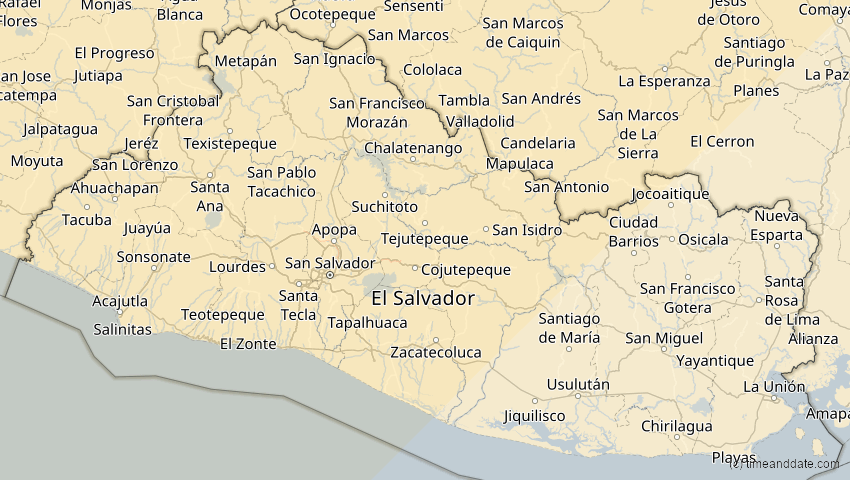 A map of El Salvador, showing the path of the 8 Apr 2024 Total Solar Eclipse