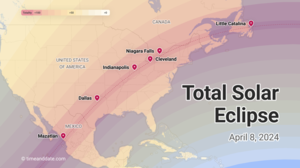 Map illustration of eclipse path going through Mexico, US and Canada, april 8, 2024