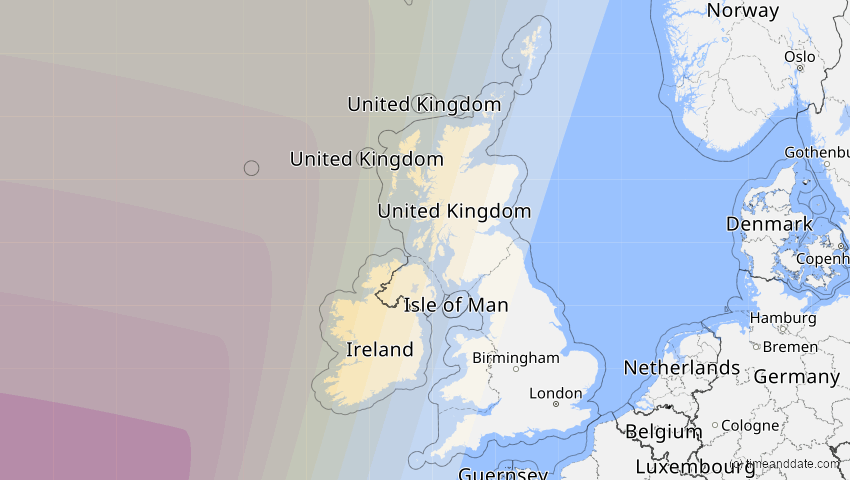 A map of United Kingdom, showing the path of the 8 Apr 2024 Total Solar Eclipse