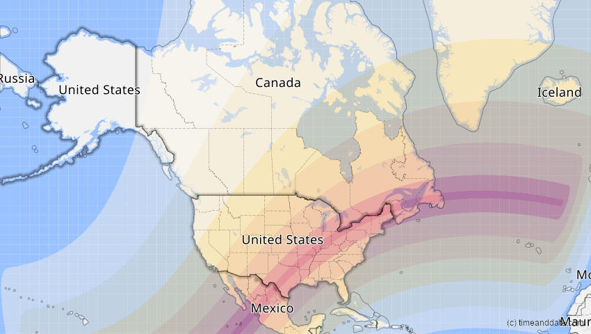 A map of United States, showing the path of the 8 Apr 2024 Total Solar Eclipse
