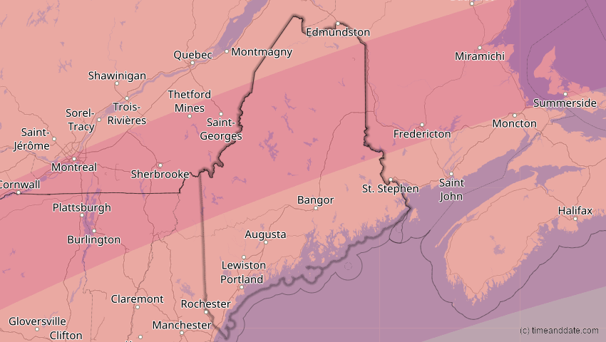 A map of Maine, United States, showing the path of the 8 Apr 2024 Total Solar Eclipse