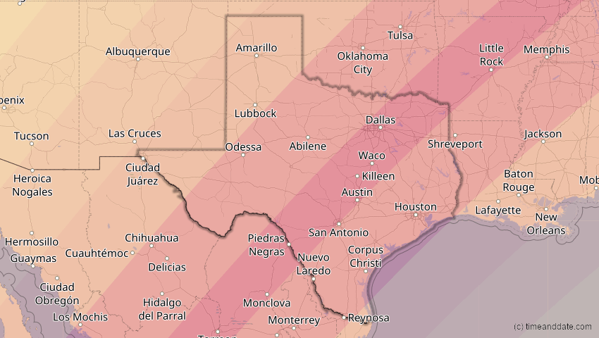 A map of Texas, United States, showing the path of the 8 Apr 2024 Total Solar Eclipse